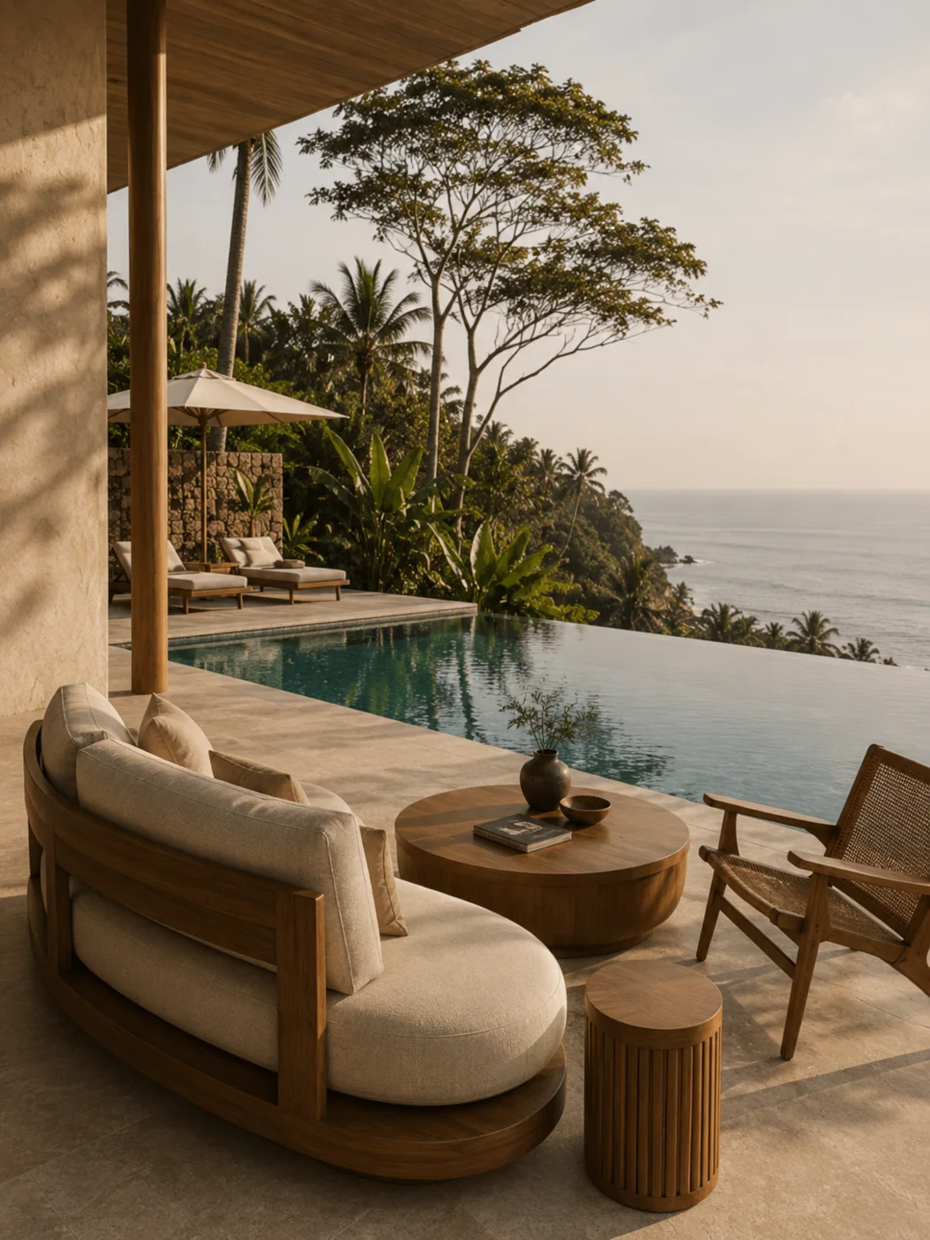 Curved upholstered wooden sofa, round coffee table and woven chair beside an ocean-facing pool