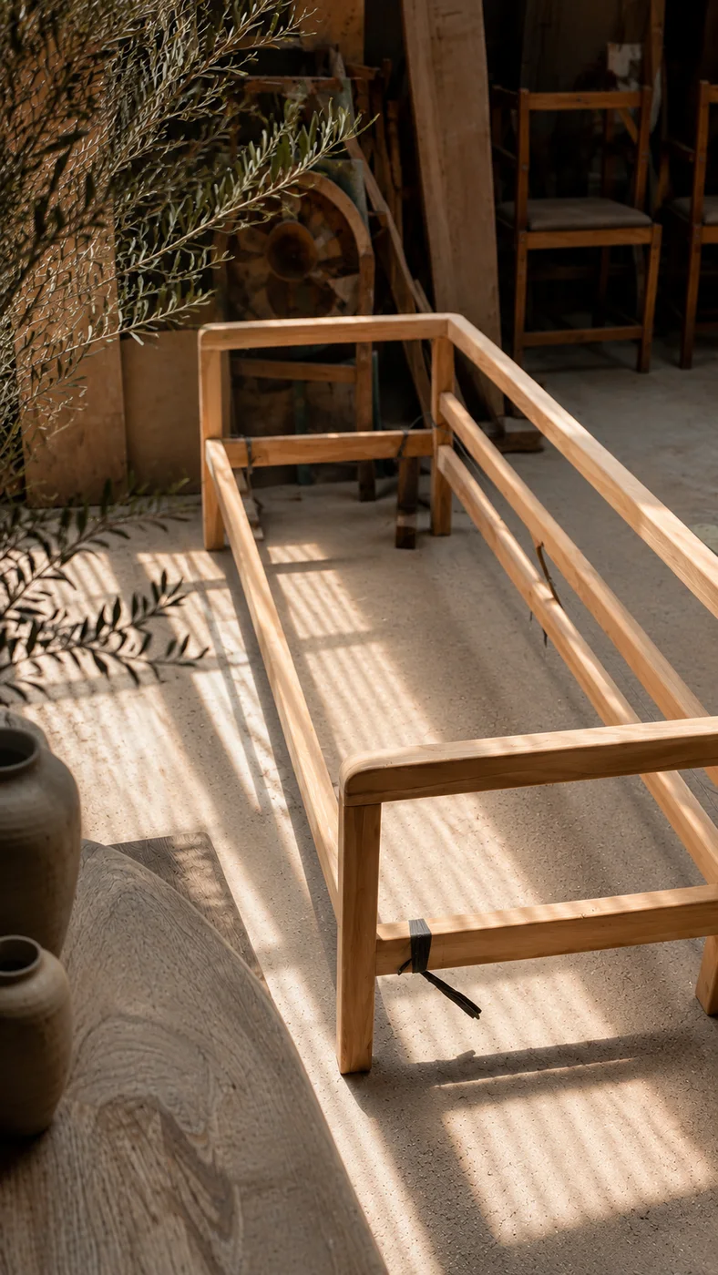 Unupholstered wooden sofa frame with rounded armrests in a sunlit workshop