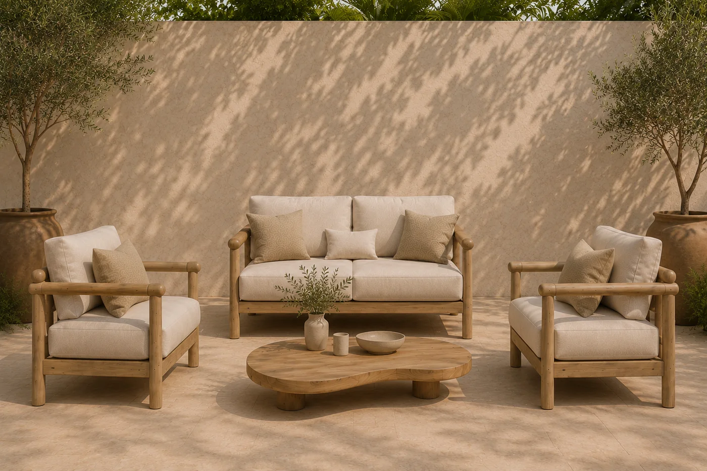 Wooden sofa and two upholstered armchairs around an organic-shaped coffee table on a terrace