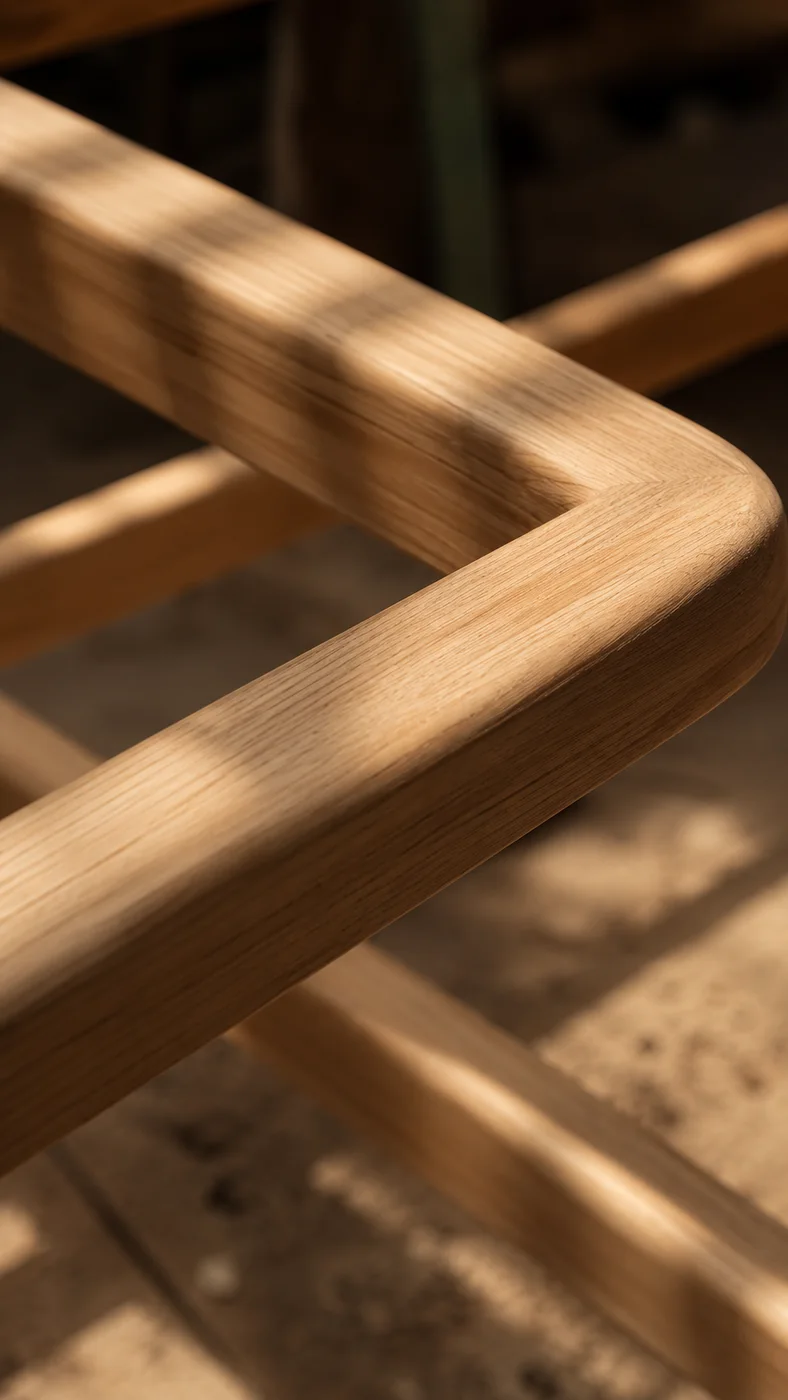 Close-up of a smoothly rounded wooden armrest and visible natural grain