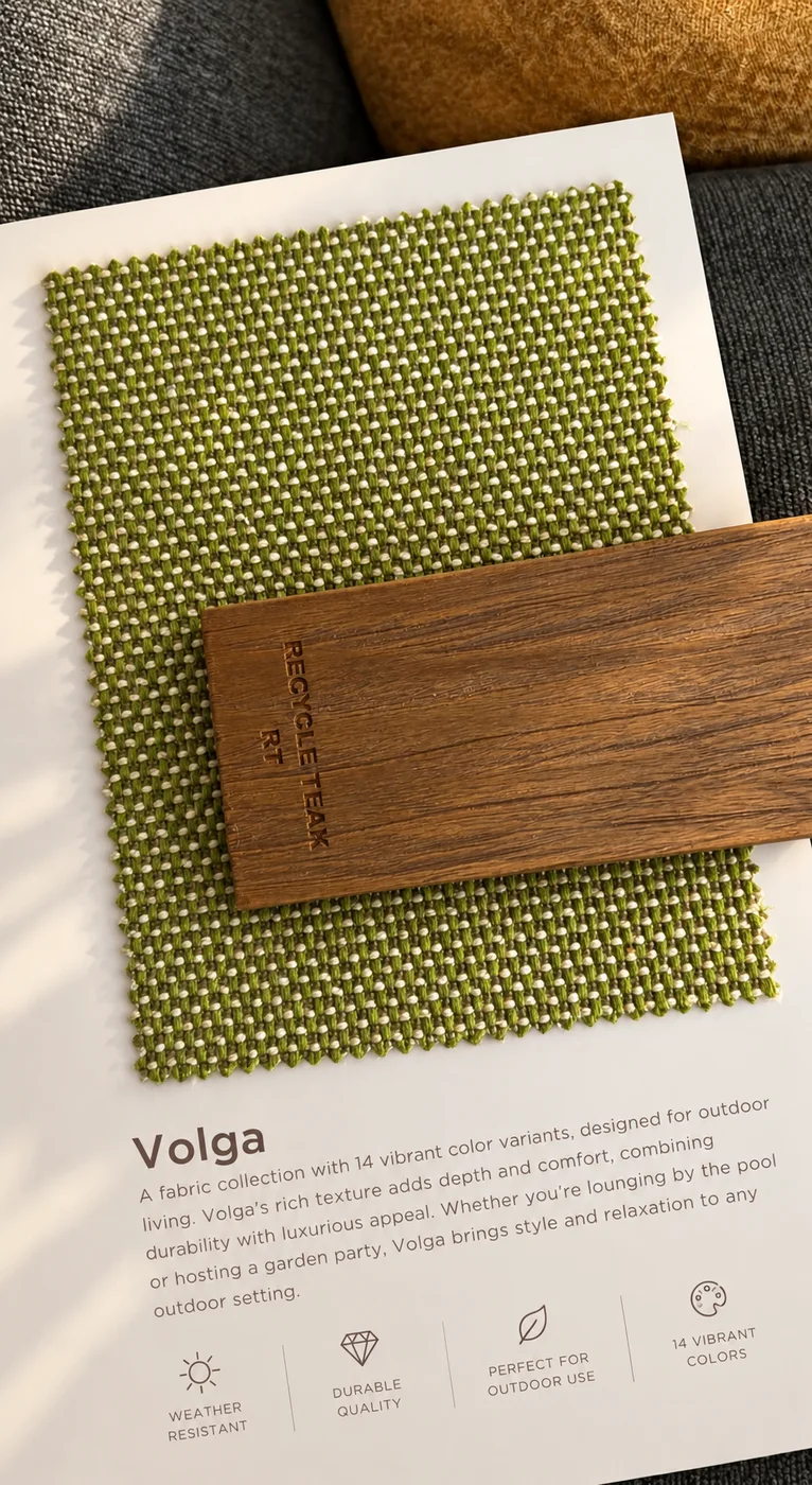 Green woven upholstery fabric with a wood finish sample over grey and ochre textiles