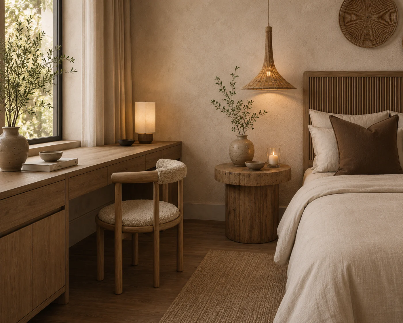 Warm bedroom with a wooden desk and upholstered chair, slatted headboard, round bedside table and woven pendant light