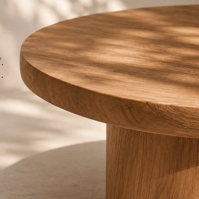 Close-up of a round wooden table with a sculptural cylindrical base