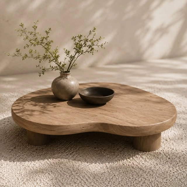 Organic wooden coffee table with a vase and bowls, illuminated by sunlight