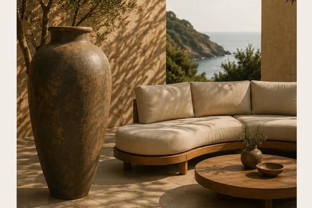 Curved outdoor sofa and round wooden tables in a sunlit terrace setting
