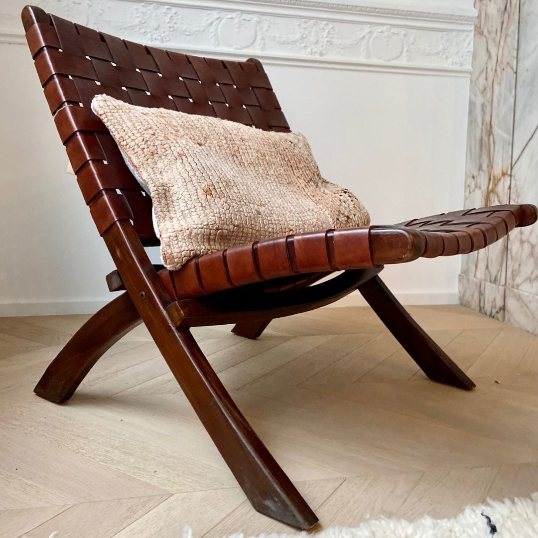 Leather Teak Wood Folding Chair